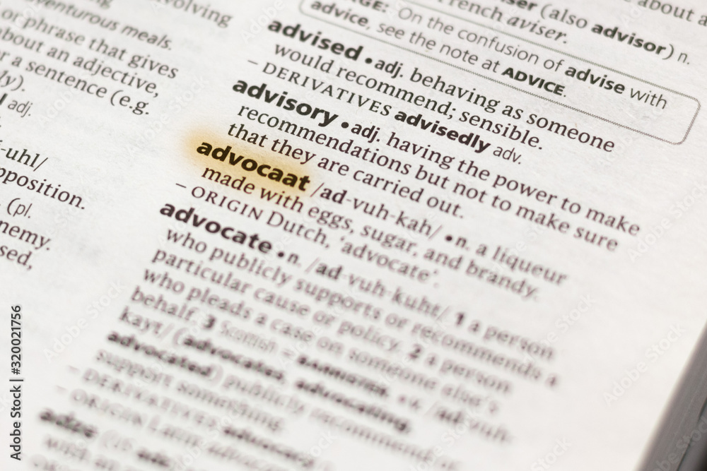 Ivanovsk, Russia - November 19, 2018: The word or phrase Advocaat in a dictionary. Ivanovsk, Russia - November 19, 2018: The word or phrase Advocaat in a dictionary.