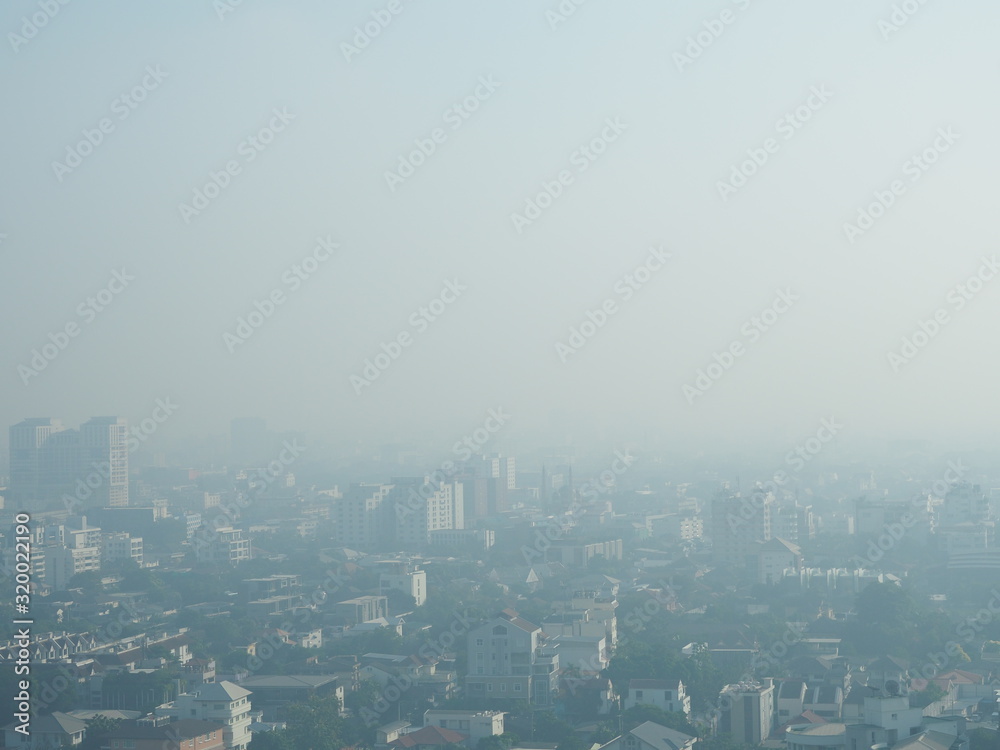 Cityscape of Bangkok covered by mixture of dust in air pollution, situation of air pollution 2.5 pm in Bangkok, Air pollution in big city,  it is unhealthy.