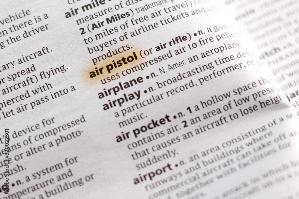 Ivanovsk, Russia - November 19, 2018: The word or phrase Air Pistol in a dictionary. Ivanovsk, Russia - November 19, 2018: The word or phrase Air Pistol in a dictionary.