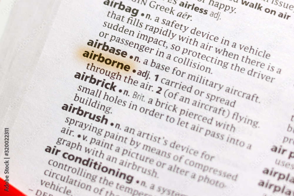 Ivanovsk, Russia - November 19, 2018: The word or phrase Airborne in a dictionary. Ivanovsk, Russia - November 19, 2018: The word or phrase Airborne in a dictionary.