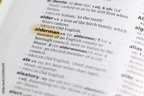 Ivanovsk, Russia - November 19, 2018: The word or phrase Alderman in a dictionary.