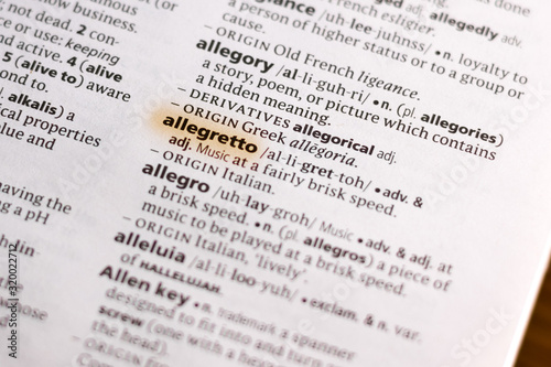 Ivanovsk, Russia - November 19, 2018: The word or phrase Allegretto in a dictionary.