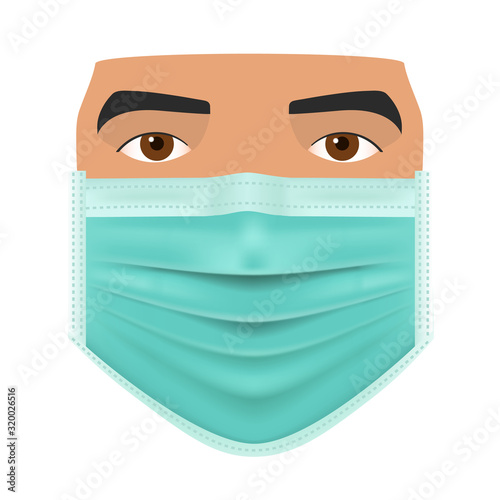 A man in a protective mask concept, Coronavirus 2019-nCoV, Lassa fever,  PM 2.5, warning, wear a mask, vector illustration, isolated on white background.