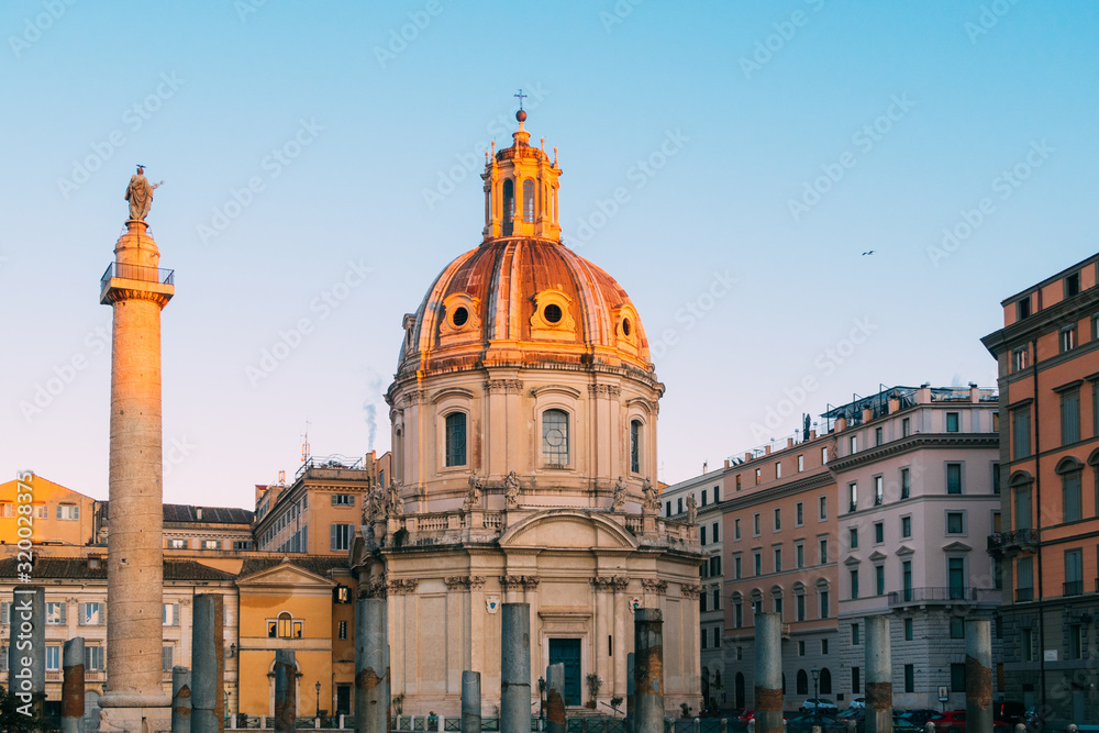 Rome, Italy - Jan 2, 2020: Trajan's column and Santa Maria di Loreto, Rome, Italy