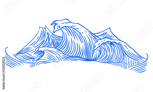 Sea waves. Vintage cartoon ocean tidal storm waves isolated on white background for surfing and seascape, vector illustration