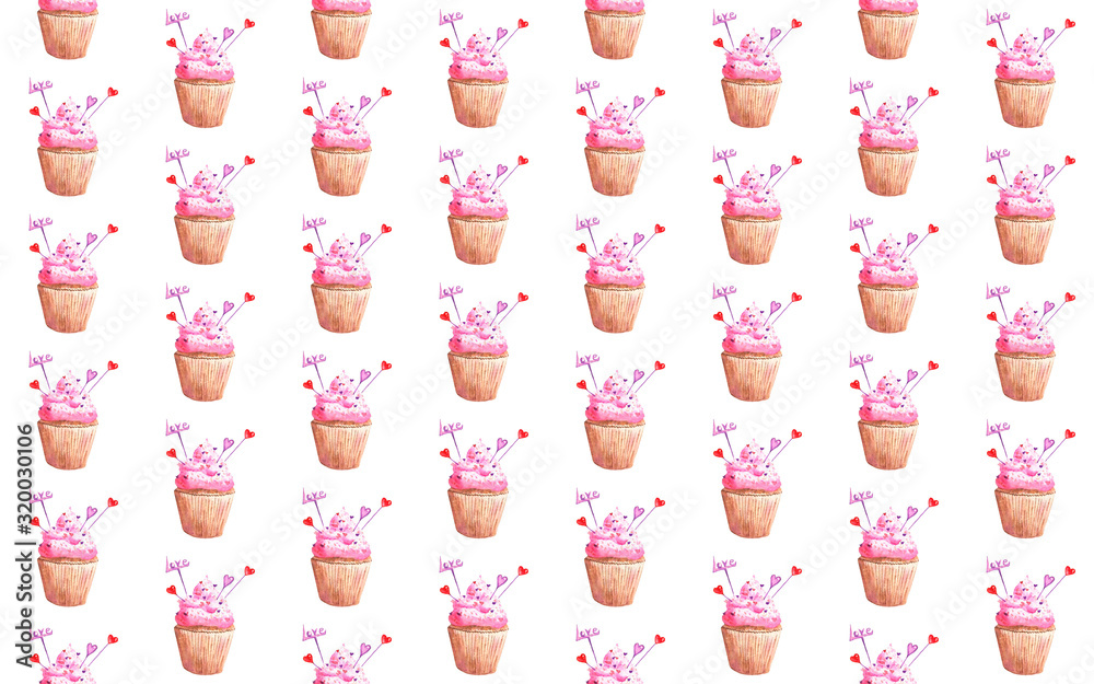 Seamless pattern with a watercolor illustration of a Valentine's day cake on white background.