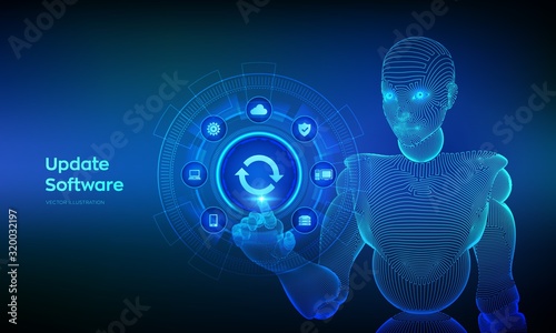 Update Software. Upgrade Software version concept on virtual screen. Computer program upgrade technology internet concept. Wireframed cyborg hand touching digital interface. Vector illustration.