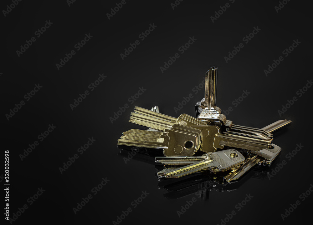 Foto Blank metal keys on a dark background