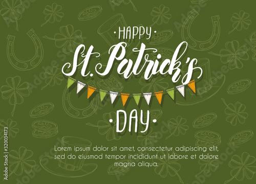 St Patrick's day Poster with Hand drawn doodle St. Patrick's hat, horseshoe, four-leaf clover and gold coins. St Patrick's day 2020. Lettering. Place for your text. 