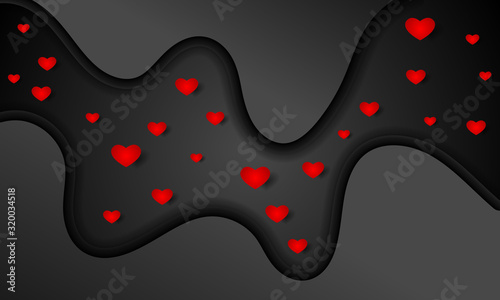 Romantic background of black smooth waves and red hearts, vector art illustration. photo