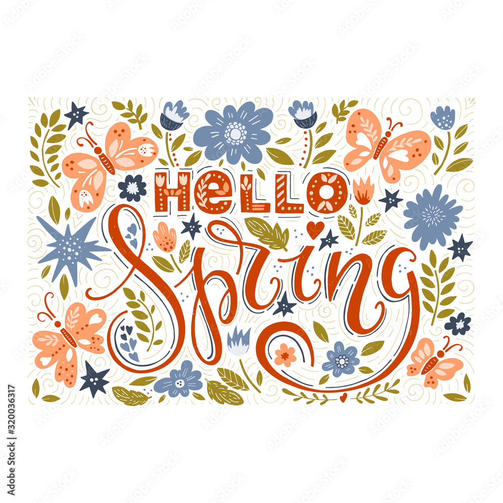 Hello spring greeting card. Hand drawn illustration