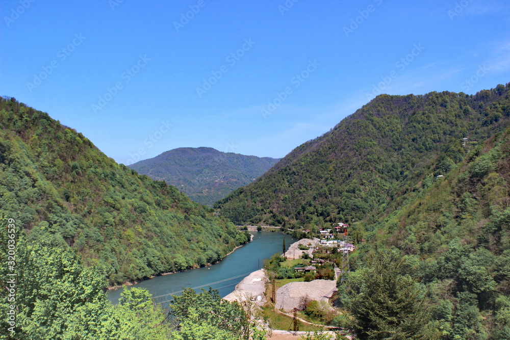 View from Gvara fortress to the river Chorokhi, Georgia spring
