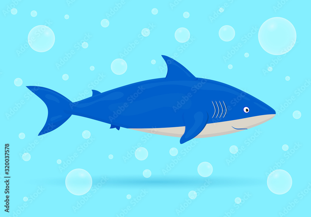 Shark on blue background with bubbles. Ocean fish. Underwater marine wild life. Vector illustration.