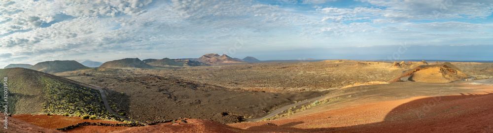 Magnificent panoramic view of the Timanfaya volcanic park known as Mountains of Fire, Lanzarote, Canary Islands, Spain
