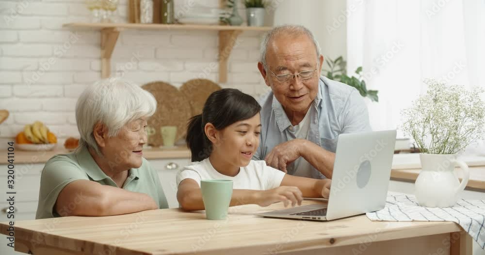 Senior asian couple together with their teen granddaughter who teaches them how to use a laptop, surfing through internet - family bonds and ties concept 4k footage Senior asian couple together with their teen granddaughter who teaches them how to use a laptop, surfing through internet - family bonds and ties concept 4k footage