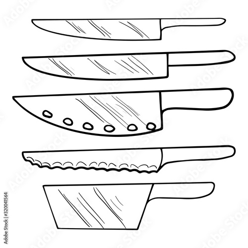 Set of knives. Different kitchenware or kitchen utencil hand drawn illustration. Chef's knife, boning, bread, cleaver or meat-chopper, carving knives. Vector icon isolated on white background.