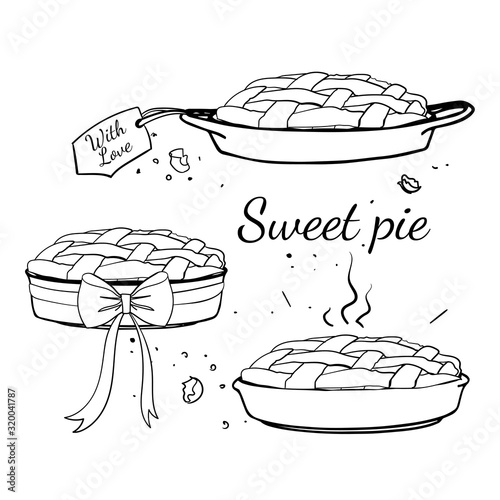 Set of vector illustration of a baking dishes with bow and a pie in it and the inscription "Sweet pie". Hand drawn illustration cartoon flat line art icon isolated on white background.