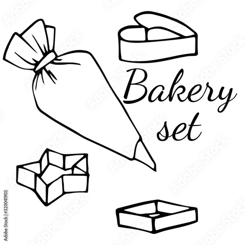 Set of line art bakeware. Cookie cutter and pastry bag. Vector illustration of cartoon flat icon isolated on white background.