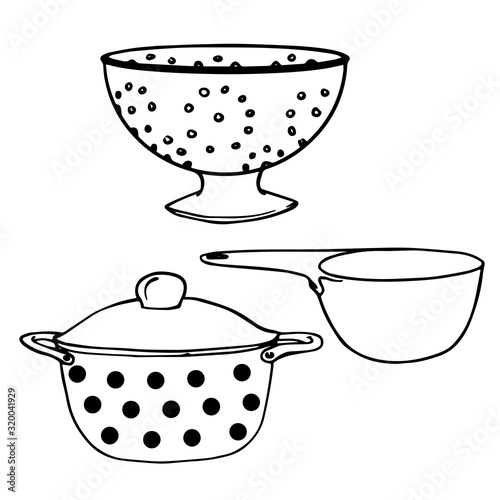 Set of cookware and bakeware. Different kitchenware hand drawn illustration. Colander, bowl, saucepot. Vector cartoon flat icon isolated on white background.