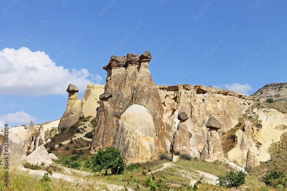 View of the high stone pillars in Goreme National Park in Cappadocia in Turkey