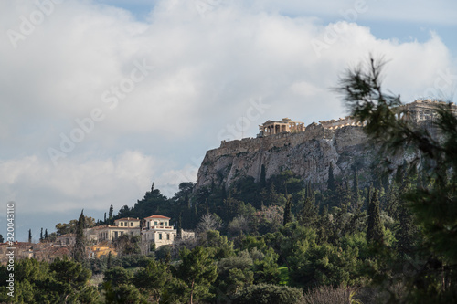 View of the center of Athens and the Acropolis on a background of trees