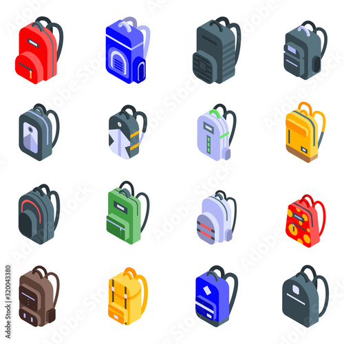 Backpack icons set. Isometric set of backpack vector icons for web design isolated on white background