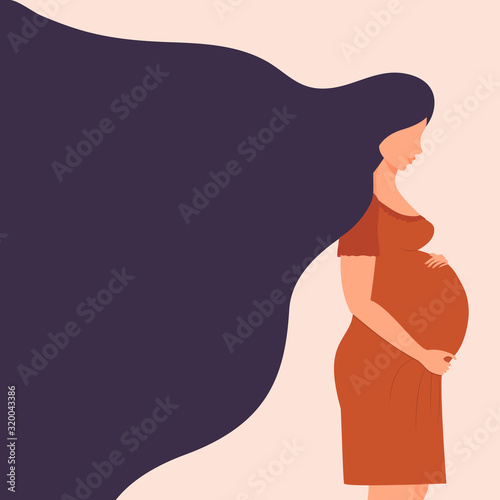 Cute dark-haired pregnant girl. A woman stands sideways and gently hugs her stomach. Hair develops. Waiting for the baby. Vector. Flat cartoon style. Place for text. Can be used as a congratulation.