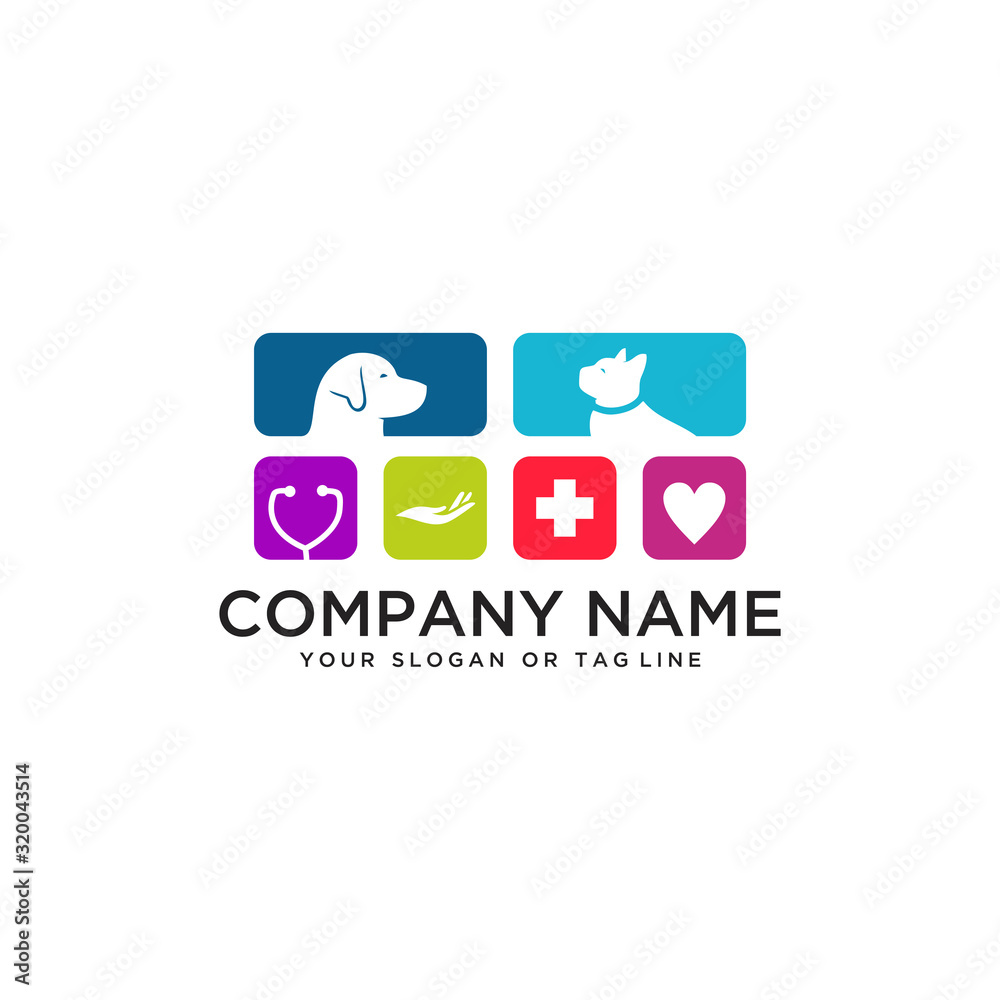 Obraz premium Design logo care about dog and cat health care vector
