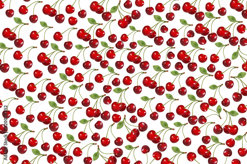 Cherry pattern background texture. Many ripe berries on white. Cherry pattern background texture. Many ripe berries on white.