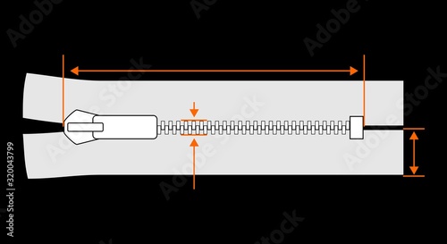 Zipper dimension vector illustration isolated on black background.
