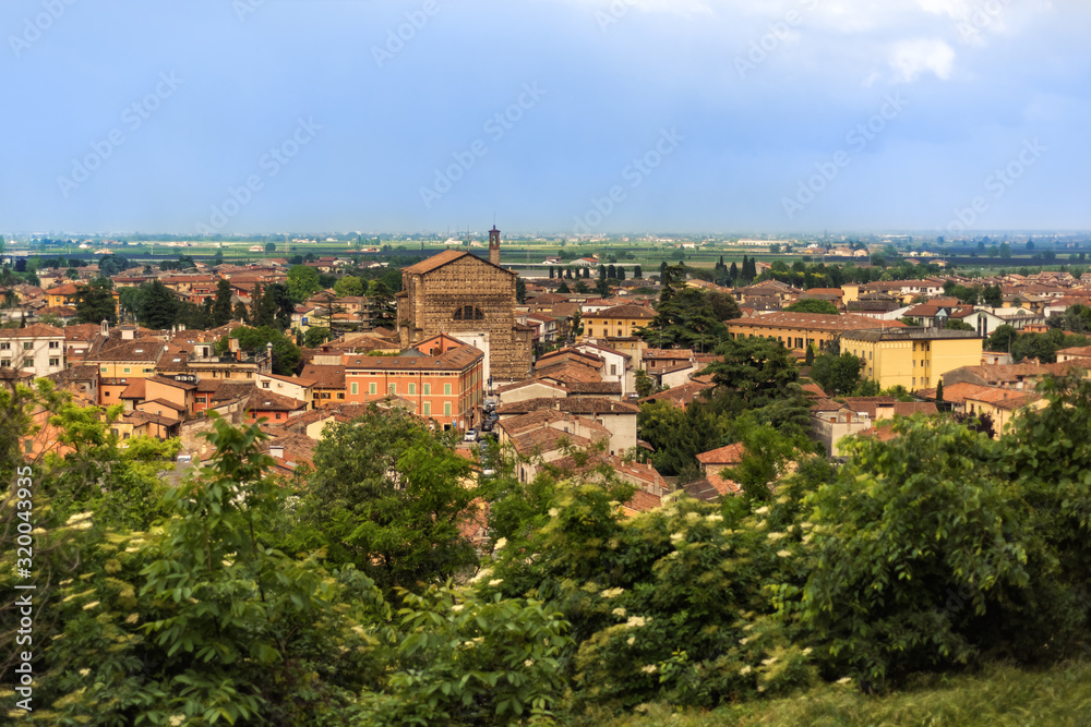View on the roofs of Bergamo, Lombardy, Italy. Cloudy light blue sky above red roofs of medieval city. Spring in italian city. City landscape with rooftops and blooming trees.
