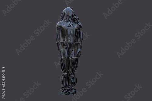 tied with a black corpse rope standing on black background