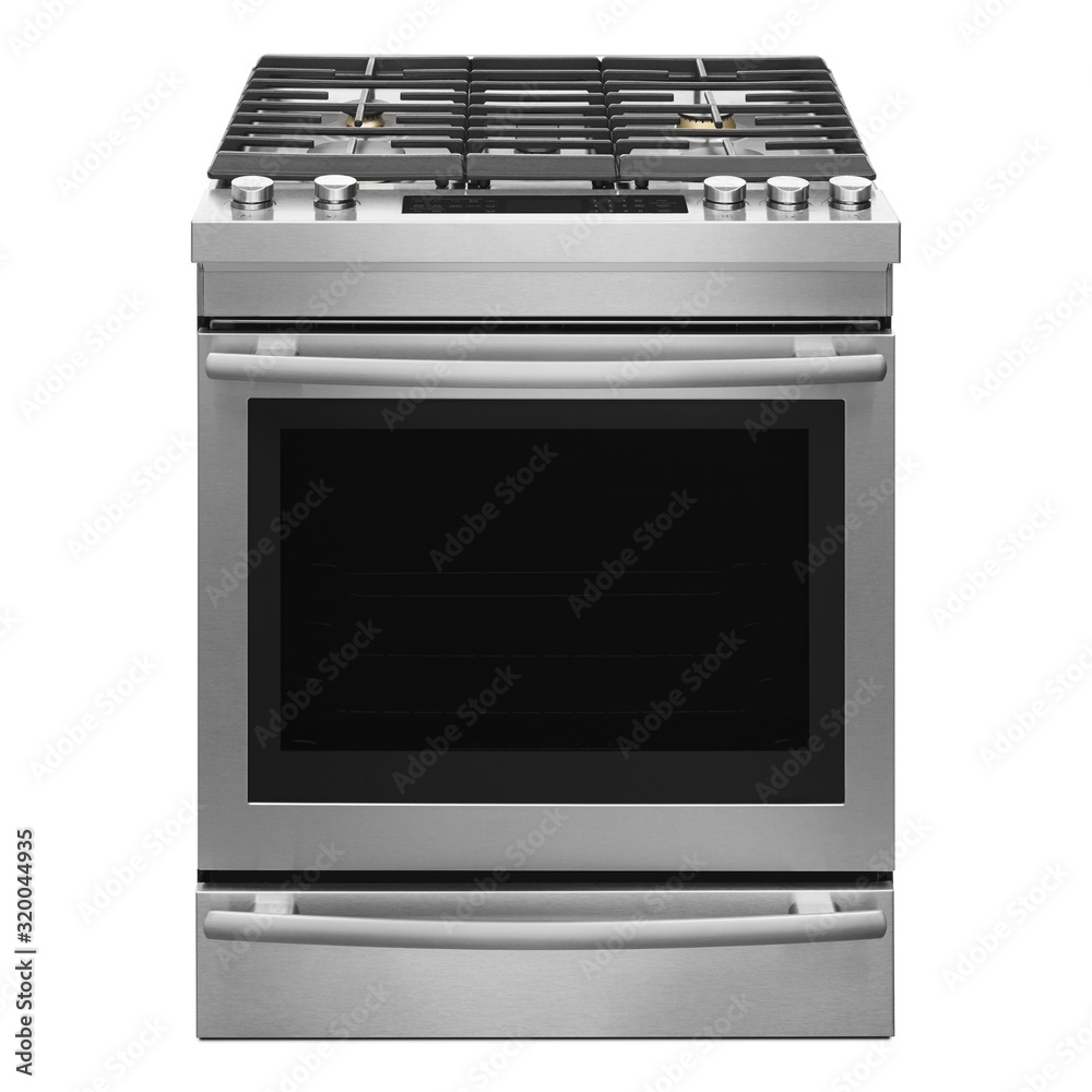30 Inch Slidein Gas Range Isolated on White. Front View of Stainless