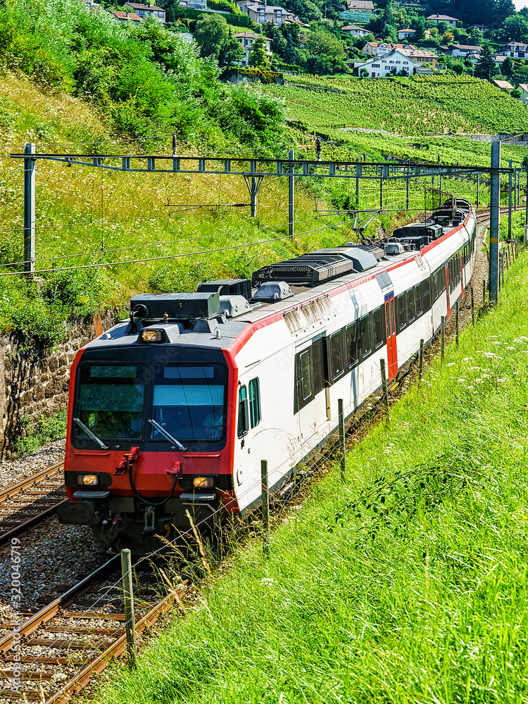 Naklejka premium Swiss running train at Vineyard Terraces hiking trail of Lavaux, Lavaux-Oron district in Switzerland