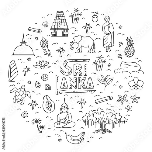 Hand-drawn symbols of Sri Lanka in outline style. Stylized country map in the shape of a circle. Round frame with lettering and tourist attractions. Linear illustration on the theme of travel.