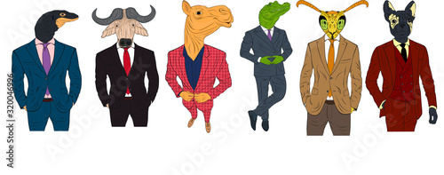 Characters of various animals in business suits and ties. Dog, bull, crocodile, camel and donkey cartoon business animal mascots isolated vector illustration.