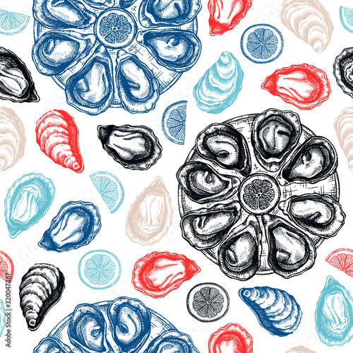 Hand drawn cooked oysters on platter with lemon seamless pattern. Vector package, banner, cover, wrapping paper template with trendy seafood elements. Realistic oyster shells top view background.