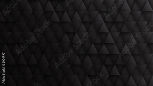 Render 3D Triangle Particles High Technology Dark Minimalist Black Abstract Background. Three Dimensional Science Conceptual Tech Triangular Structure Darkness Wide Wallpaper. Clear Blank Backdrop