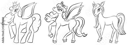 Vector set of coloring pony. Pegasus, unicorn and pony. Set for coloring book for children. Pony outlines set