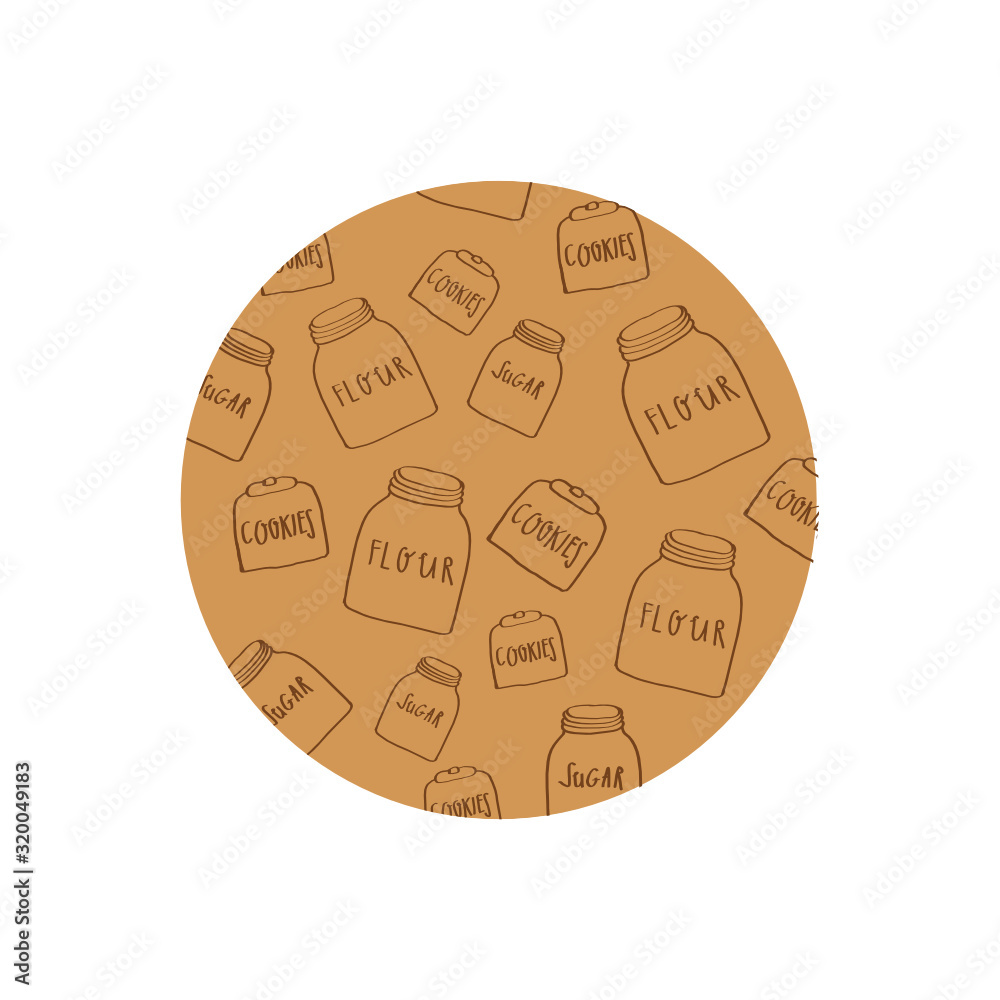 Baking round vector print, hand drawn sugar and flour pot, illustraton set for menu or cafe Baking round vector print, hand drawn sugar and flour pot, illustraton set for menu or cafe