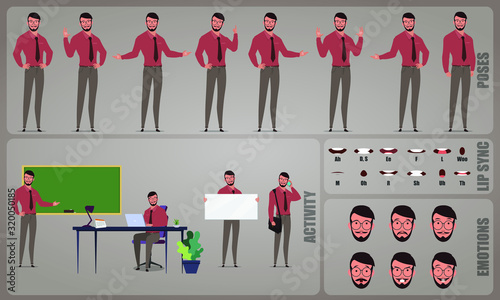 Teacher or Professor character Set. Collection of character body Poses, facial gestures, teaching activities and Lip syncs poses. Ready-to-use and animate, character set. Vector illustration.