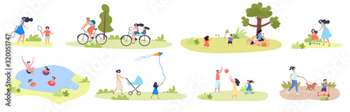 Large set of summer family activities showing kids and parents, swimming, flying kite, playing racket ball, on a picnic, walking the dog and cycling, vector illustration