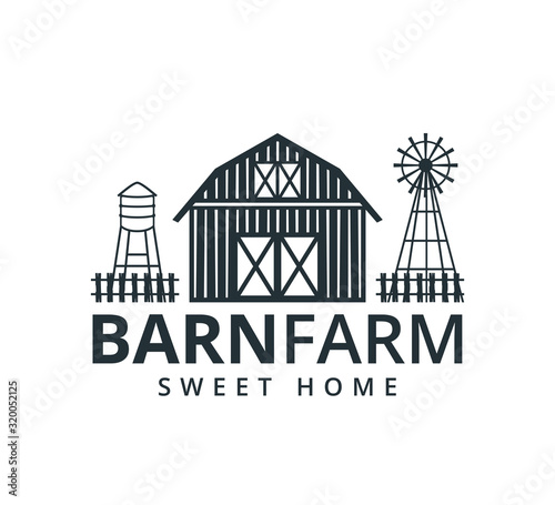 backyard barn farm house storage hangar with fence windmill and water torrent tower vector logo design