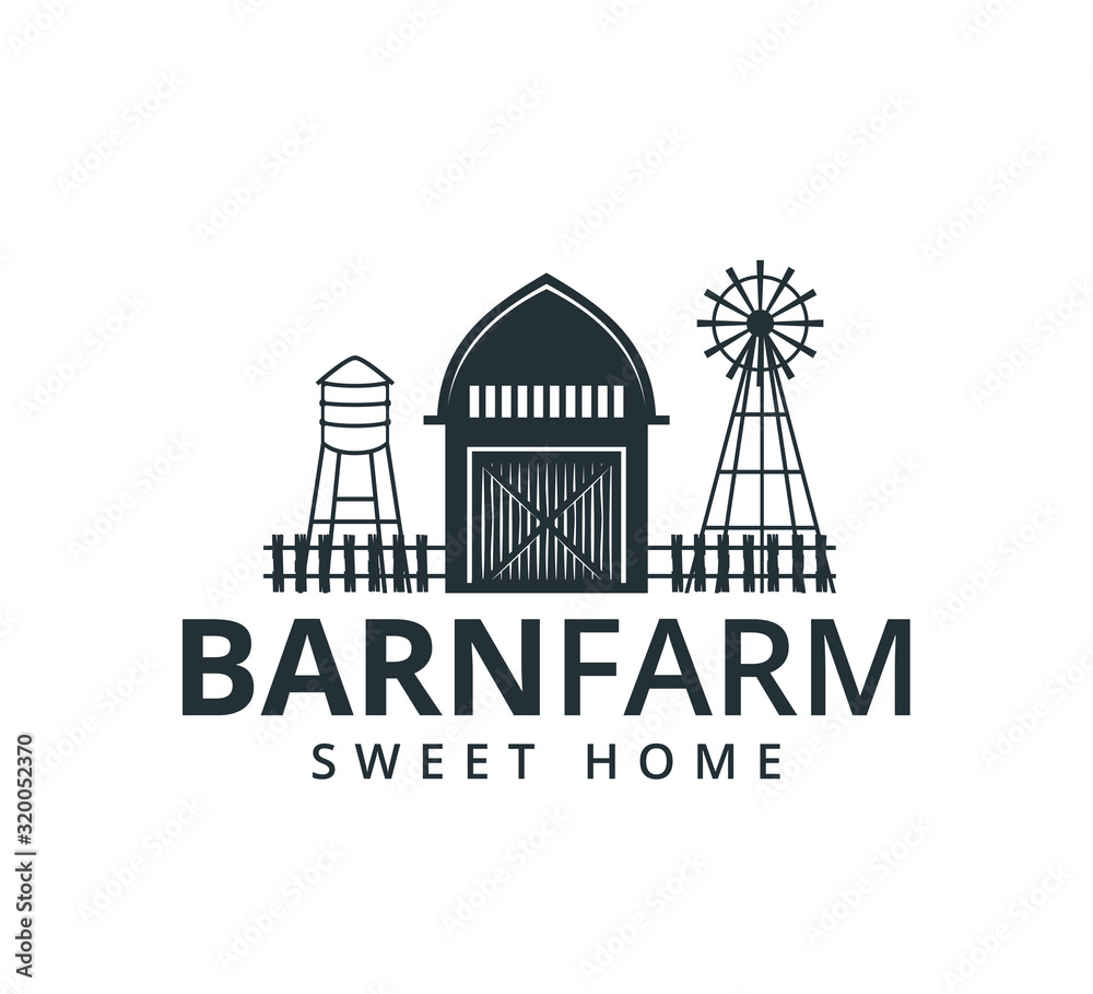 Fototapeta premium backyard barn farm house storage hangar with fence windmill and water torrent tower vector logo design