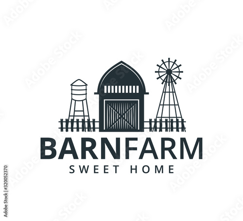 backyard barn farm house storage hangar with fence windmill and water torrent tower vector logo design