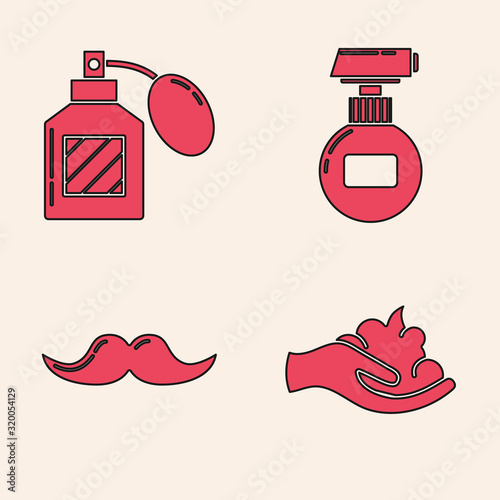 Set Shaving gel foam on hand, Aftershave, Cream or lotion cosmetic tube and Mustache icon. Vector