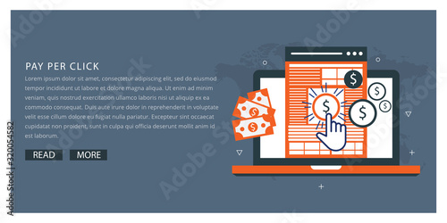 pay per click advertising, sponsored listing, paid search marketing vector banner with icons
