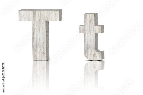 3D Letter wooden Alphabet. uppercase and lowercase T t