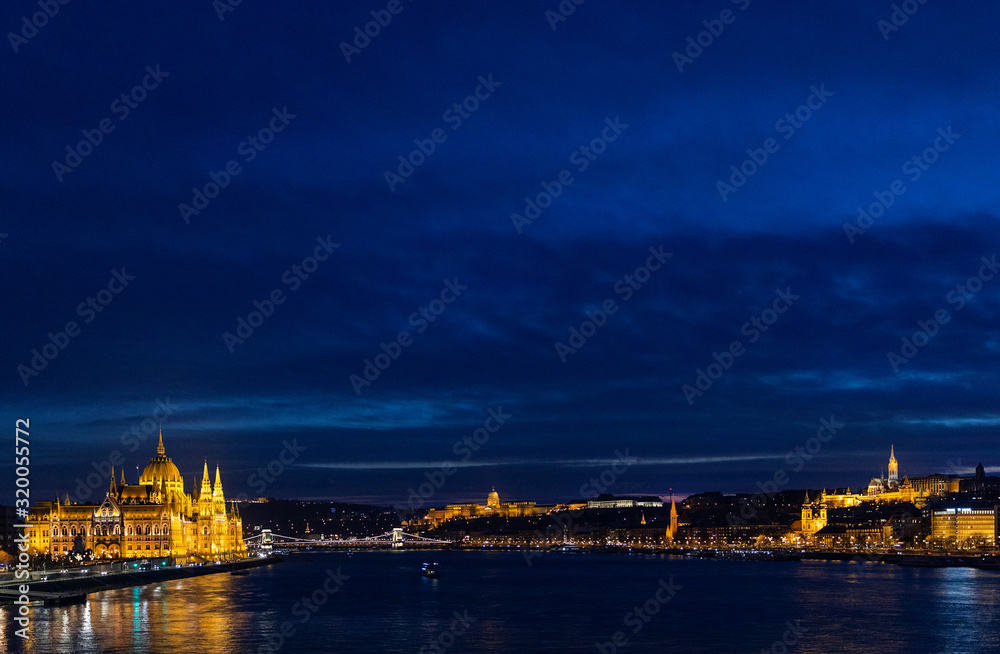 Budapest during the night, Hungarian parliament (left), Buda castle (center) and Matthias church (right)