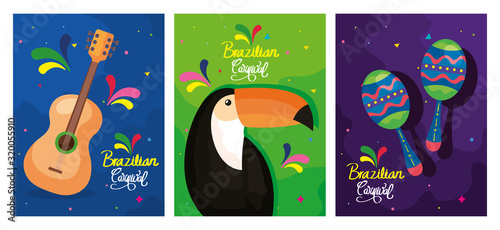 set of poster carnival brazil with decoration vector illustration design